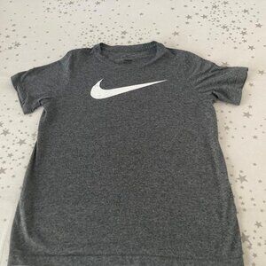 Boys Nike short-sleeve dri-fit shirt, grey with white Nike swoosh, boys size L